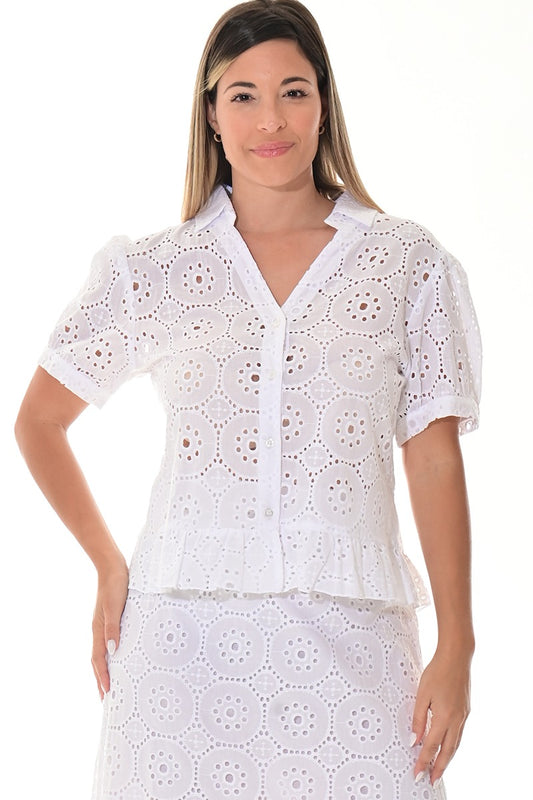 Ladies’ White Eyelet Ruffle Hem Button-Down Blouse - LCB3115 - Casual Tropical Wear