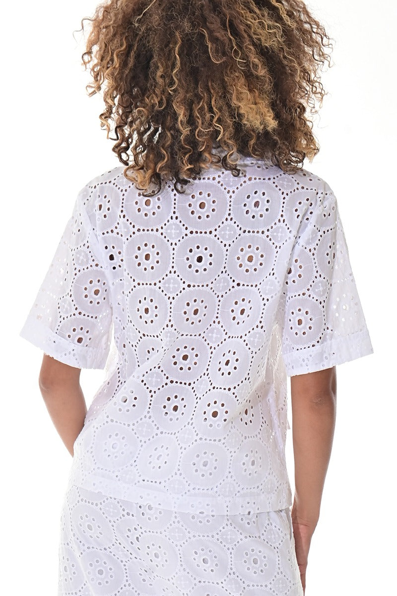 Ladies’ White Cotton Eyelet Short Sleeve Blazer Top - LCB3117 - Casual Tropical Wear