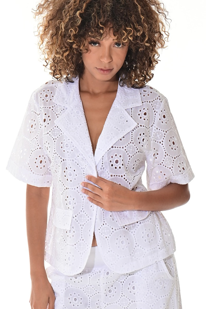 Ladies’ White Cotton Eyelet Short Sleeve Blazer Top - LCB3117 - Casual Tropical Wear