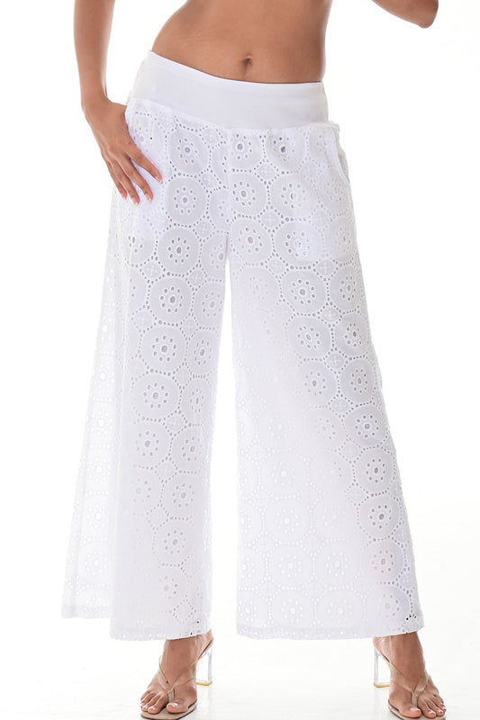 Ladies’ White Cotton Eyelet Wide-Leg Pants - LCP3120 - Casual Tropical Wear