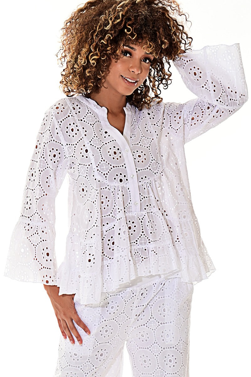 Ladies’ White Cotton Eyelet Peplum Blouse with Bell Sleeves - LCB3114 - Casual Tropical Wear