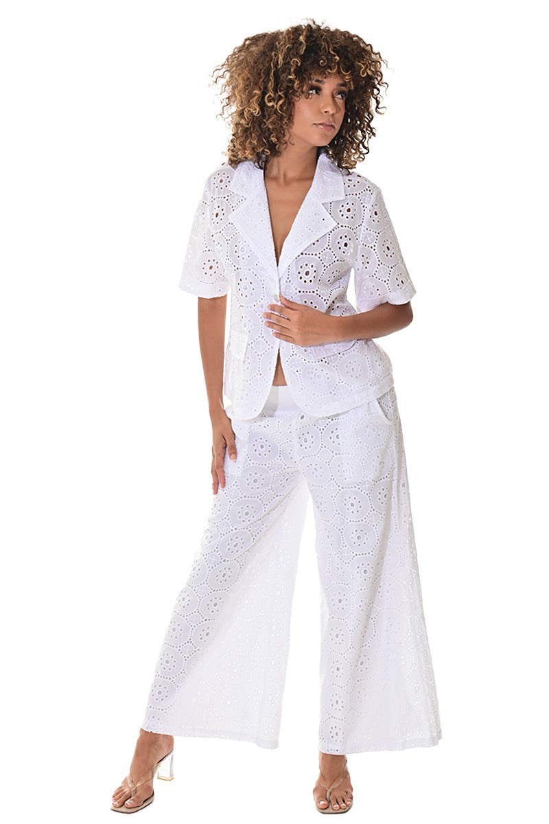 Ladies’ White Cotton Eyelet Short Sleeve Blazer Top - LCB3117 - Casual Tropical Wear
