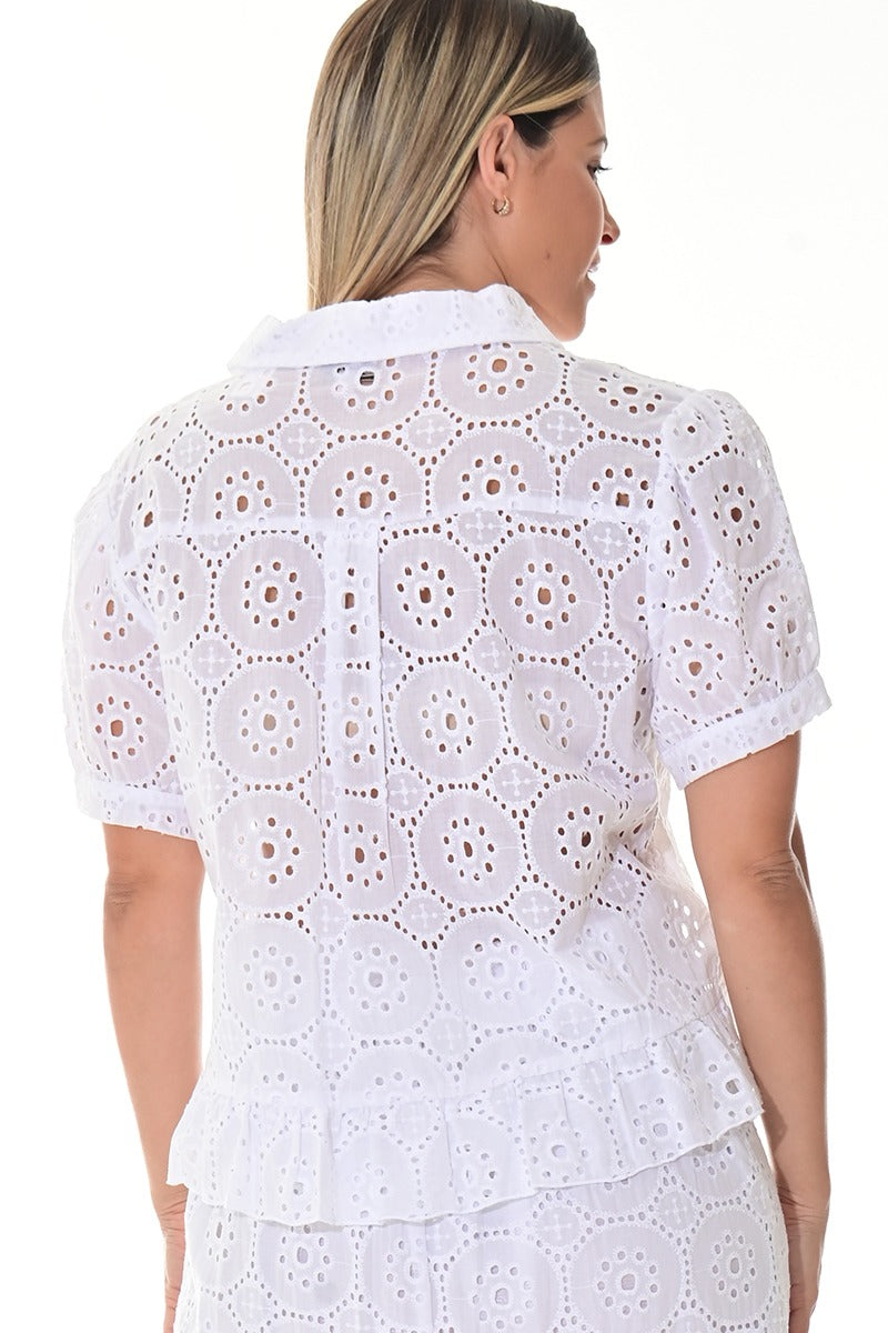 Ladies’ White Eyelet Ruffle Hem Button-Down Blouse - LCB3115 - Casual Tropical Wear