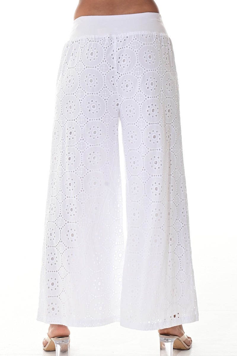 Ladies’ White Cotton Eyelet Wide-Leg Pants - LCP3120 - Casual Tropical Wear