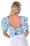 AZUCAR LADIES SOLID EYELET PUFFY SLEEVES BLOUSE - LT BLUE ON MODEL BACK VIEW - LCB1714