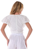 AZUCAR LADIES SOLID EYELET V-NECK BLOUSE - white on a model back view - LCB1716