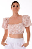 AZUCAR LADIES PRINTED EYELET PUFFY BLOUSE 100% COTTON - peach on model - LCB1719