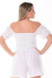 AZUCAR LADIES SOLID EYELET OFF SHOULDER PUFFY BLOUSE - white full back view - LCB1720