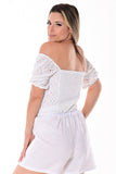 AZUCAR LADIES SOLID EYELET OFF SHOULDER PUFFY BLOUSE - white on model looking over shoulder - LCB1720