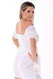 AZUCAR LADIES SOLID EYELET OFF SHOULDER PUFFY BLOUSE - white on a model showing back - LCB1720