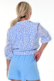 AZUCAR LADIES FRONT TIE EYELET LONG SLEEVE BLOUSE 100% COTTON - blue print back view - LCB2201
