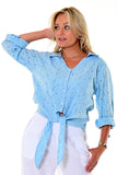 AZUCAR LADIES FRONT TIE EYELET LONG SLEEVE BLOUSE 100% COTTON - ly blue on model - LCB2201