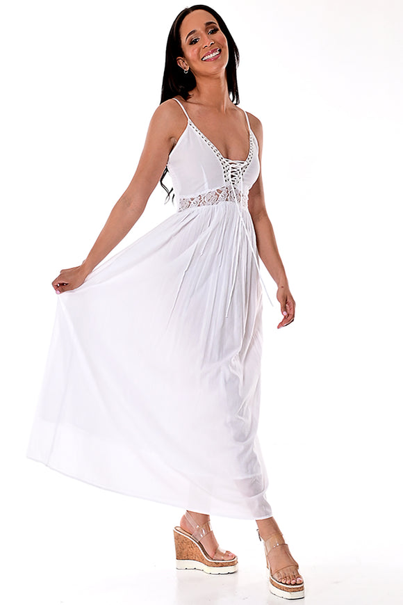 AZUCAR LADIES SLEEVELESS LONG DRESS WITH CROCHET 100% COTTON - BEACH WEAR - white on model LCD1713