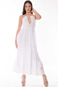 AZUCAR LADIES SLEEVELESS LONG DRESS 100% COTTON - BEACH WEAR - white on model LCD1714