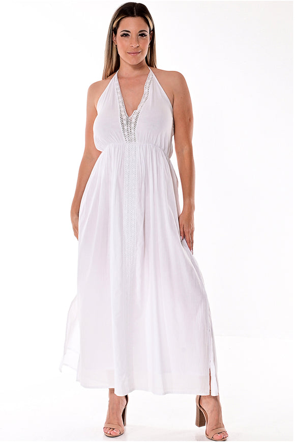 AZUCAR LADIES SLEEVELESS LONG DRESS 100% COTTON - BEACH WEAR - WHITE ON MODEL LCD1717