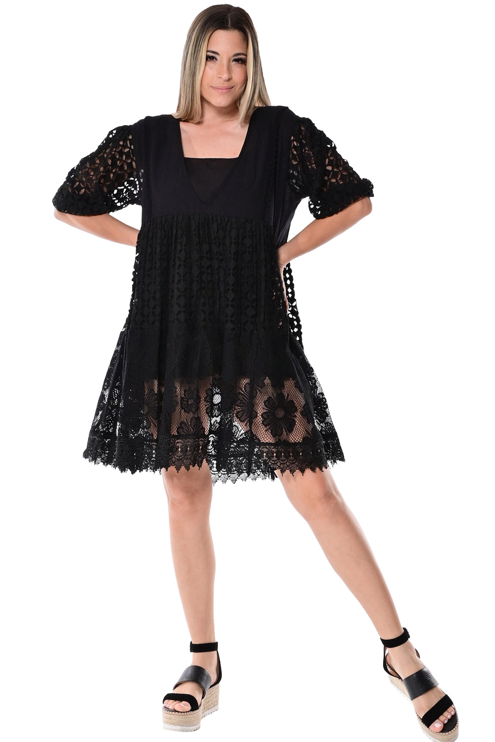 AZUCAR LADIES 3/4 SLEEVES MINI DRESS - BEACH WEAR - black on model - LCD1736