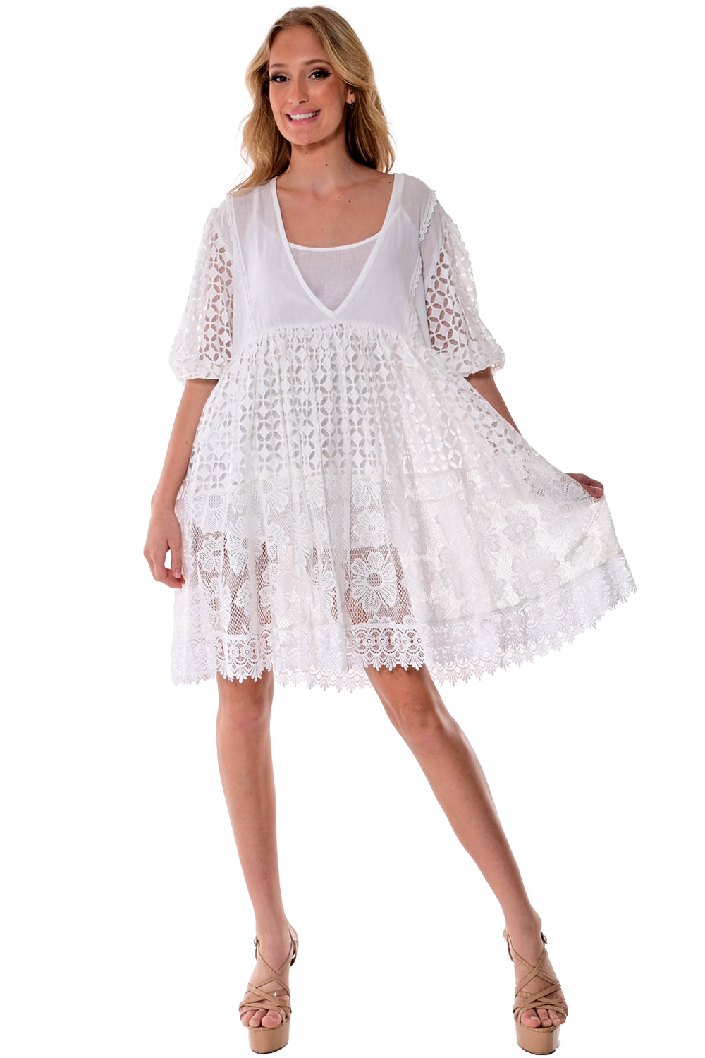 AZUCAR LADIES 3/4 SLEEVES MINI DRESS - BEACH WEAR - white on model  - LCD1736