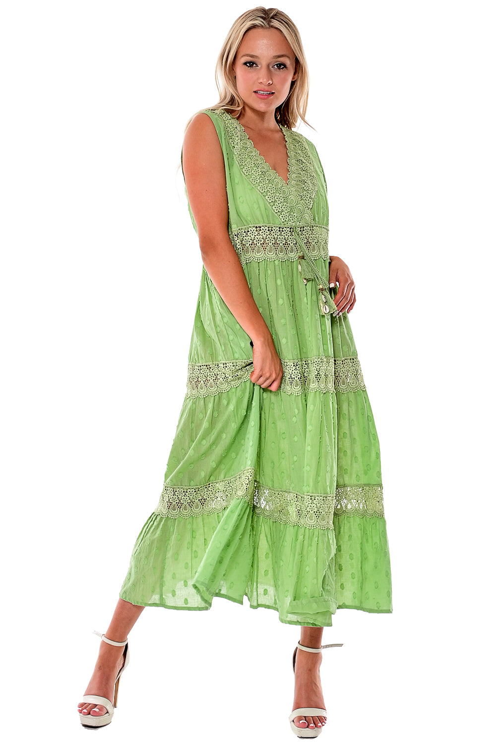 AZUCAR LADIES SLEEVELESS V-NECK LONG DRESS 100% COTTON - green on model - LCD1738 Media 1 of 4