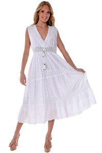 AZUCAR LADIES SLEEVELESS V-NECK LONG DRESS 100% COTTON - white on model - LCD1738 Media 1 of 4
