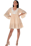AZUCAR LADIES 3/4 SLEEVES SHORT DRESS 100% COTTON - beige front  - LCD1758