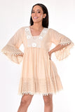 AZUCAR LADIES 3/4 SLEEVES SHORT DRESS 100% COTTON - beige on model - LCD1758
