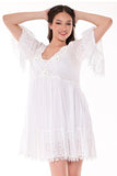 AZUCAR LADIES 3/4 SLEEVES SHORT DRESS 100% COTTON - white front view - LCD1758
