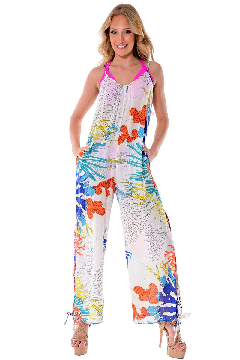 Azucar Ladies Cotton One Piece Leaf Print Design Jumpsuit on model white - LCJ1359