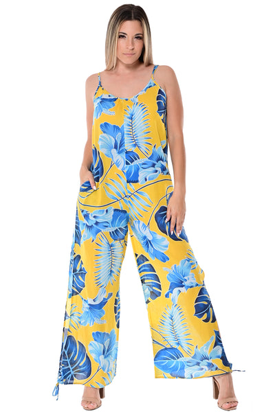 Wide Leg Spaghetti Strap Jumpsuit with Side Slits in Tropical Prints