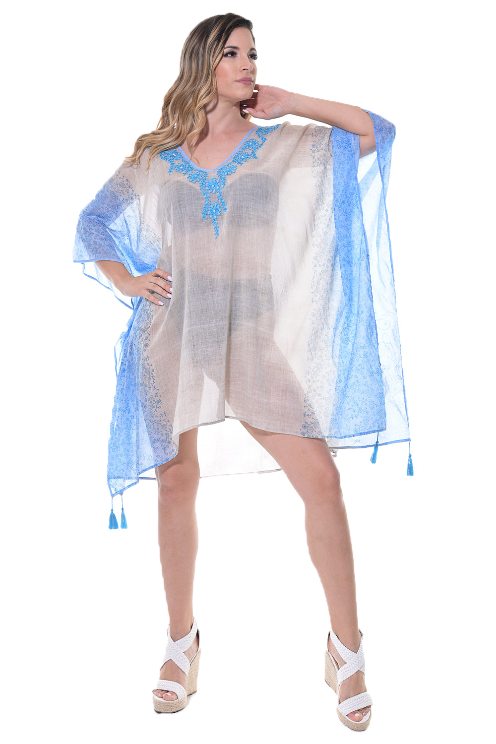 Azucar Ladies Bikini Cover up with Embroidered Design and Blue Trims - Beige on model LCT1348