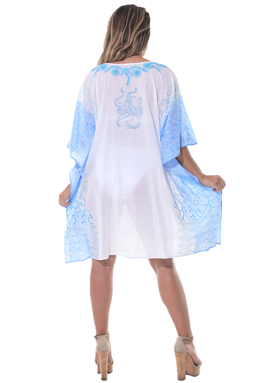 Azucar Ladies Bikini Cover up with Embroidered Design and Blue Trims on model back view- LCT1348