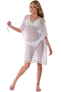 AZUCAR LADIES SQUARE TUNIC WITH LACE - BEACH WEAR - beige on model LCT1735