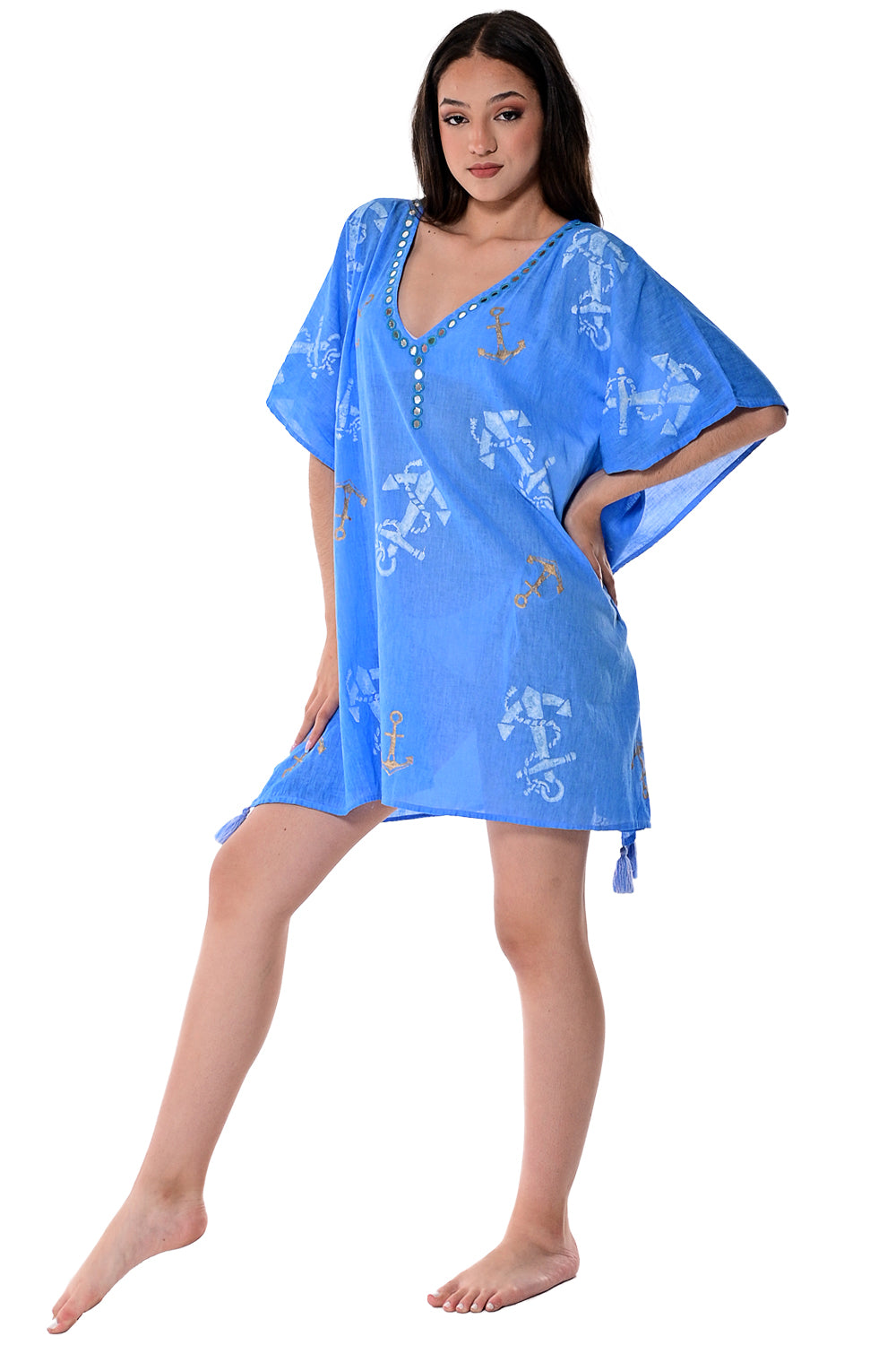 AZUCAR LADIES SQUARE TUNIC 100% COTTON - BEACH WEAR - blue on modelLCT1749