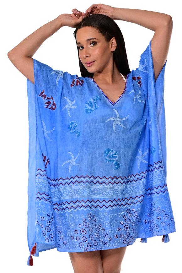 Azucar Ladies Cotton Square Beach Print Cover-Up Tunic V-neck in (2) Colors- LCT1755