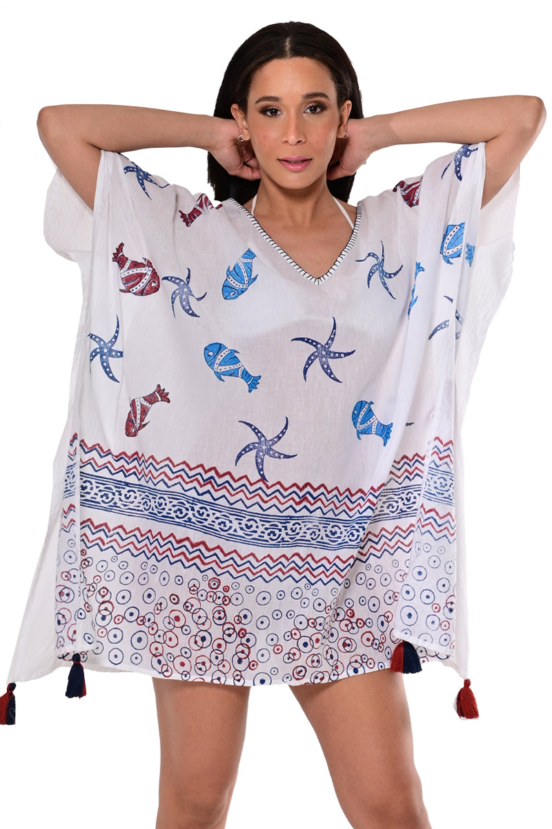 Azucar Ladies Cotton Square Beach Print Cover-Up Tunic V-neck in (2) Colors- LCT1755 - Casual Tropical Wear
