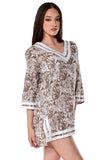 AZUCAR LADIES PRINTED V-NECK TUNIC WITH SOLID TRIMS 100% COTTON - on model LCT176