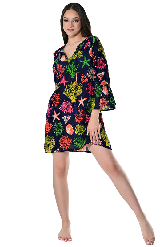 Azucar Ladies Cotton Short Tunic Beach w/Sea Shell Print 3/4 Flair Sleeve -LCT1761 - Casual Tropical Wear