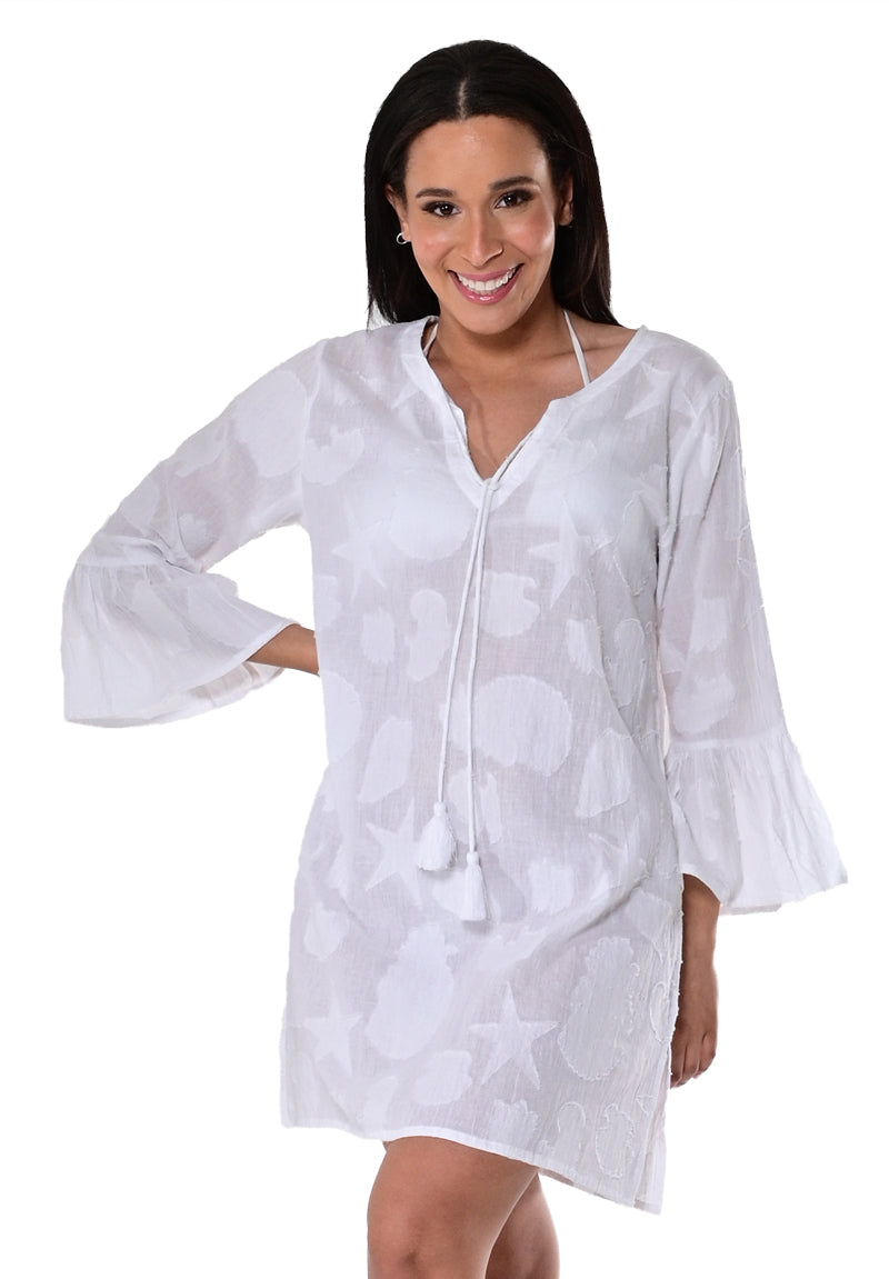 Azucar Ladies Cotton Short Length Beach Tunic w/Sea Shells & Flair Sleeve - LCT1764 - Casual Tropical Wear