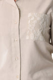 Azucar Ladies Linen 3/4 Sleeve With Laced Pocket Blouse natural close on model - LLB1090