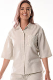 Azucar Ladies Linen 3/4 Sleeve With Laced Pocket Blouse Natural on model - LLB1090