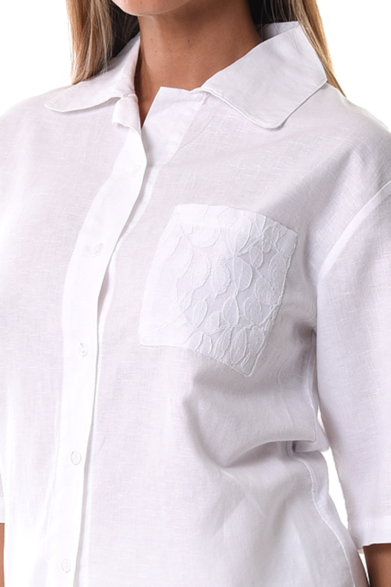 Azucar Ladies Linen 3/4 Sleeve With Laced Pocket Blouse white close on model - LLB1090