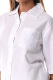 Azucar Ladies Linen 3/4 Sleeve With Laced Pocket Blouse white close on model - LLB1090