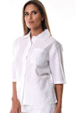 Azucar Ladies Linen 3/4 Sleeve With Laced Pocket Blouse White on model - LLB1090