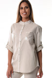 Azucar Ladies Linen Roll-Up Sleeve W/Sequin Collar & Pockets Blouse In (2) Colors - LLB1092 NATURAL FRONT