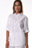Azucar Ladies Linen Roll-Up Sleeve W/Sequin Collar & Pockets Blouse In (2) Colors - LLB1092 WHITE 