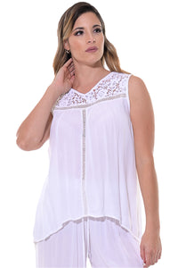 Azucar Ladies Rayon Laced Sleeveless Blouse - ivory on model - LRB1132