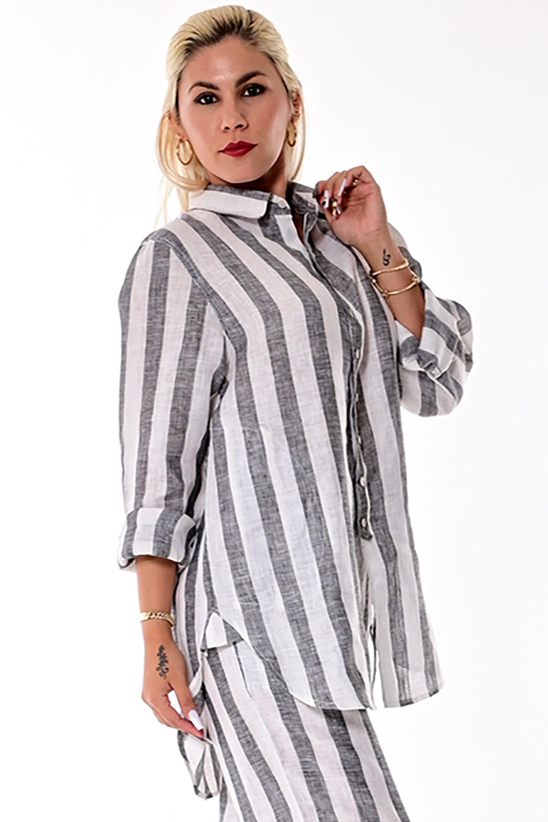 AZUCAR LADIES LONG SLEEVE STRIPED BLOUSE 100% LINEN - BLACK ON MODEL - LLB1320
