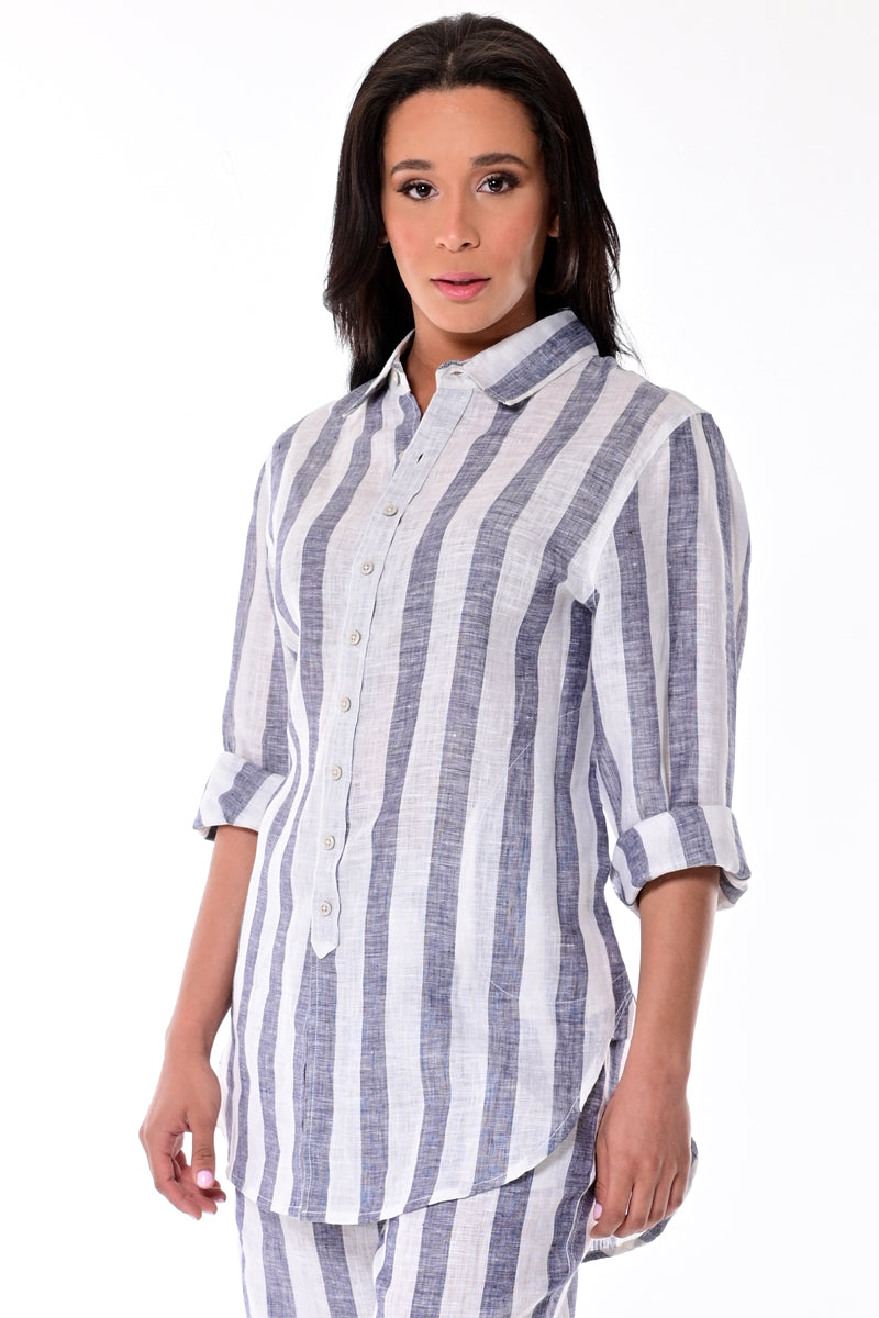 AZUCAR LADIES LONG SLEEVE STRIPED BLOUSE 100% LINEN - NAVY ON MODEL - LLB1320