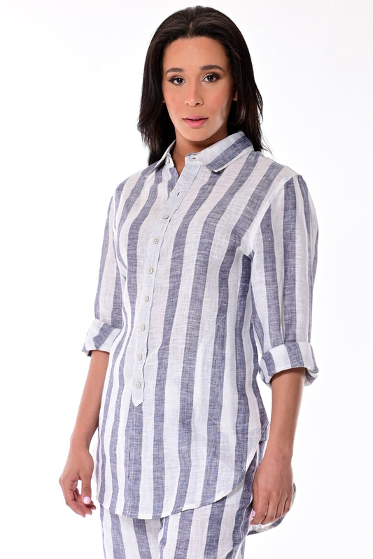 AZUCAR LADIES LONG SLEEVE STRIPED BLOUSE 100% LINEN - NAVY ON MODEL - LLB1320