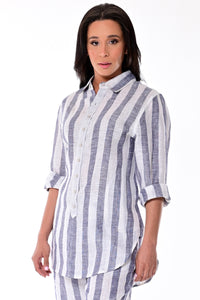 AZUCAR LADIES LONG SLEEVE STRIPED BLOUSE 100% LINEN - NATURAL ON MODEL - LLB1320