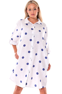 AZUCAR LADIES LONG SLEEVE ROLL UP 100% LINEN BLOUSE WITH POLKA DOTS - white/blue- LLB1330